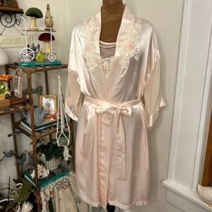 Vintage Blush Pink Satin Floral Embellished Slip Dress & Robe by Dentelle